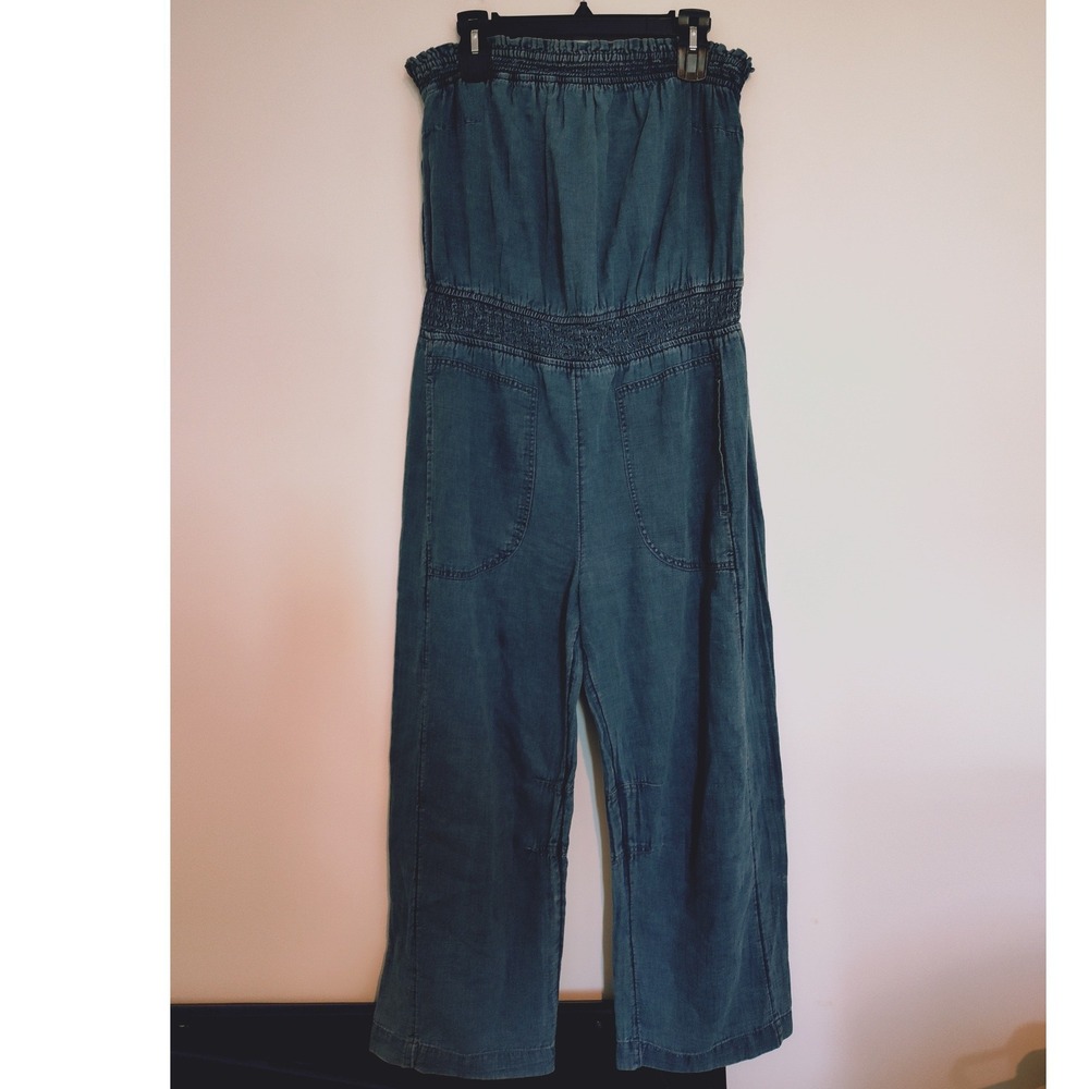 Anthropologie Pilcro Smocked Strapless Denim Jumpsuit Medium Wash Blue M NWT